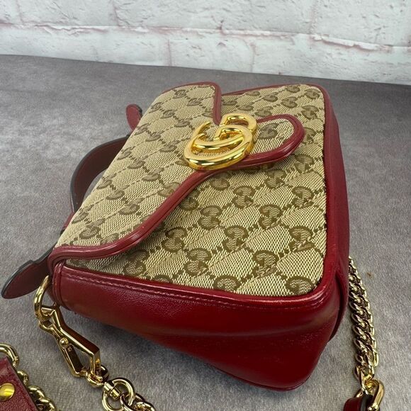 Gucci Marmont Matelasse Top Handle GG Khaki Red Shoulder Bag - Picture 6 of 13